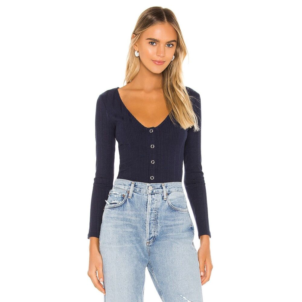 LOVERS + FRIENDS Womens Top Small Navy Ribbed Snap Button VNeck Stretch BEATRICE